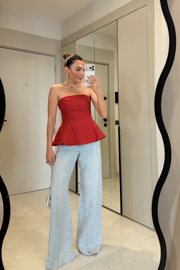 Federica Kırmızı Straplez Peplum Büstiyer