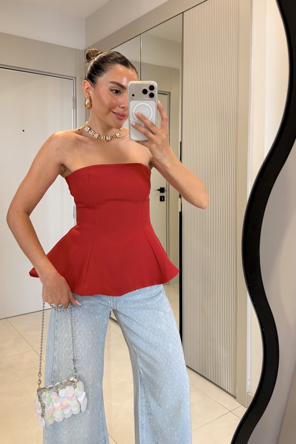 Federica Kırmızı Straplez Peplum Büstiyer