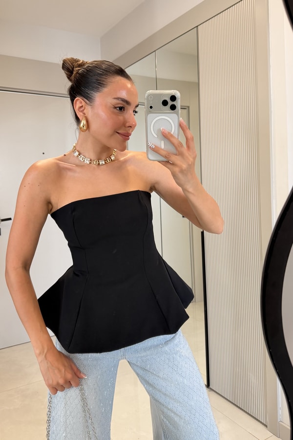 Federica Siyah Straplez Peplum Büstiyer