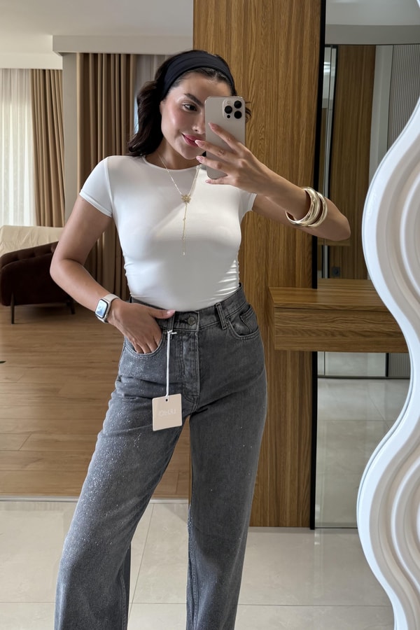 Felina Beyaz Yarım Kollu Slim Basic Crop 