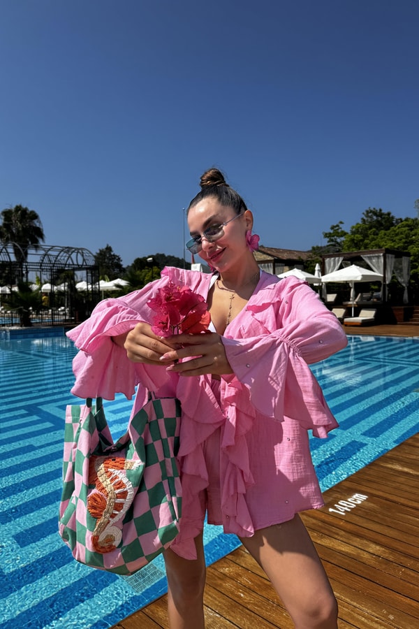 Felisya Pembe Taşlı Fırfırlı Takım 