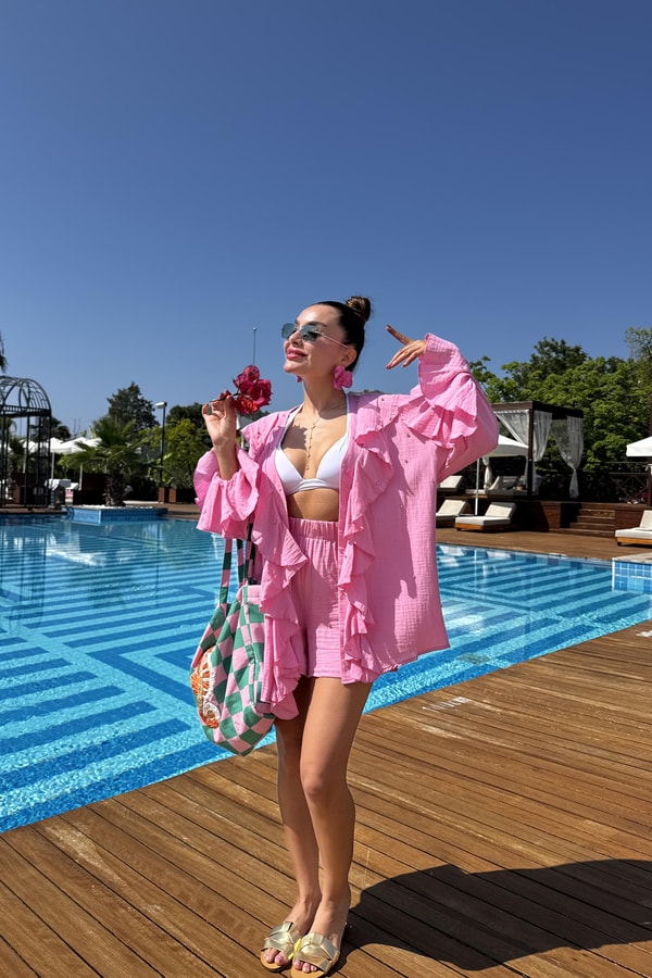 Felisya Pembe Taşlı Fırfırlı Takım 