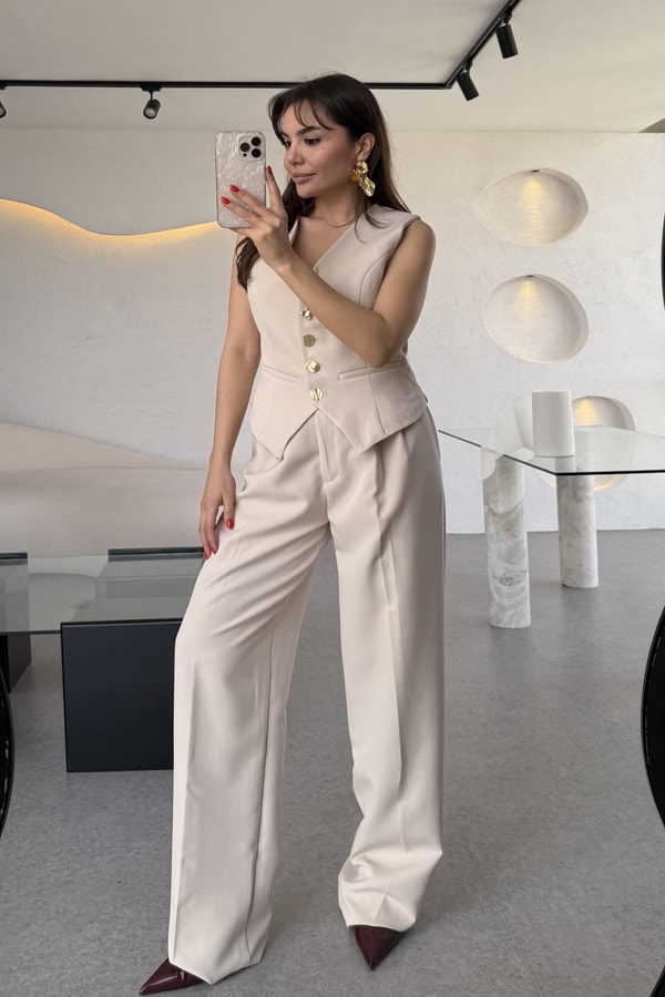 Fiona Bej Yelek Pantolon Premium Takım