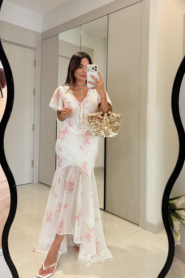 Fiorella Çiçek Desenli Asimetrik Şifon Elbise