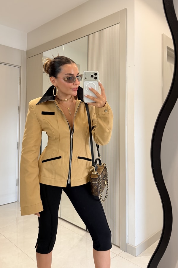 Flato Camel Fermuarlı Premium Kalıp Vatkalı Ceket