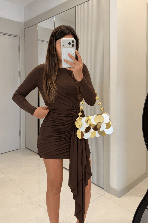 Flawer Kahve Yanı Drapeli Mini Elbise