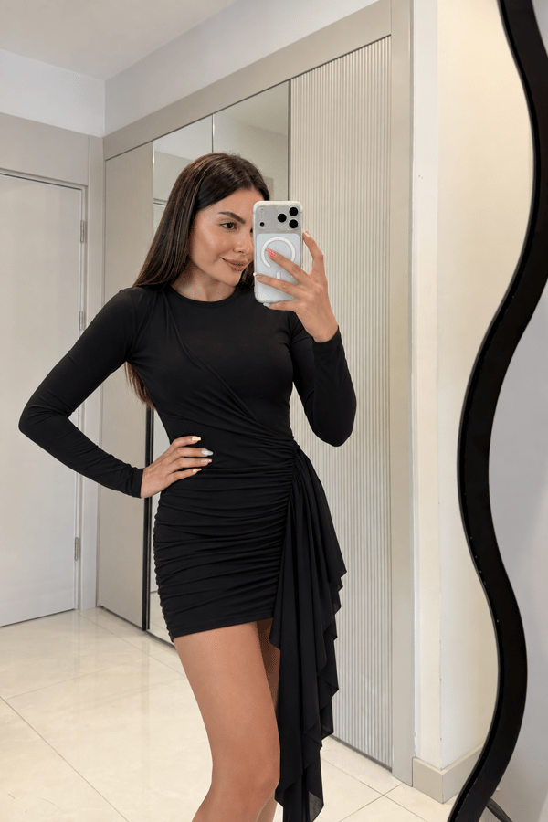Flawer Siyah Yanı Drapeli Mini Elbise