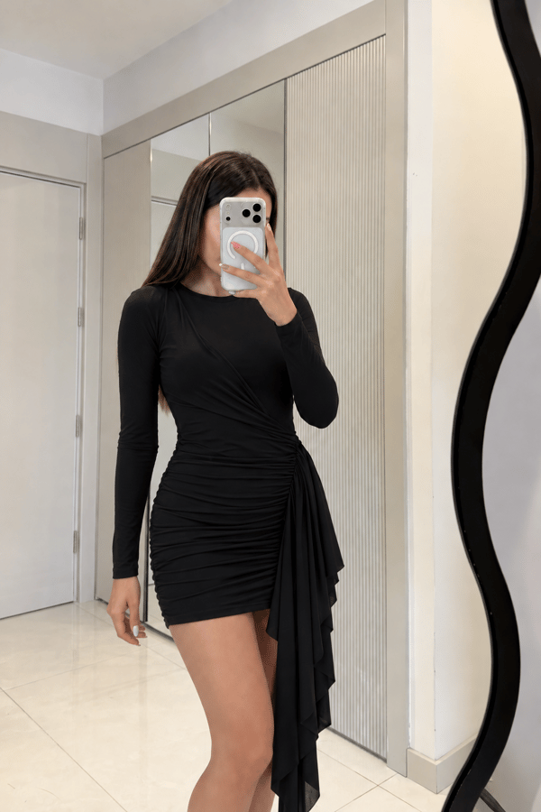 Flawer Siyah Yanı Drapeli Mini Elbise
