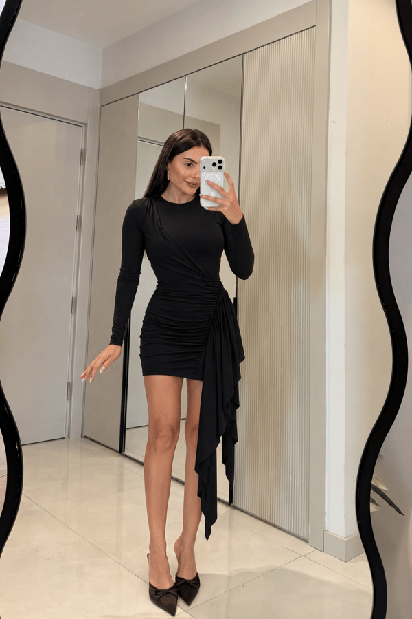 Flawer Siyah Yanı Drapeli Mini Elbise