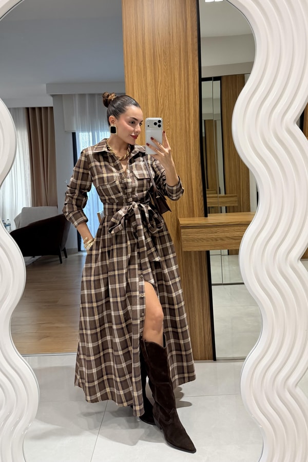 Flexi Kahve Ekose Kuşaklı Elbise