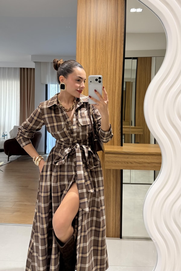 Flexi Kahve Ekose Kuşaklı Elbise