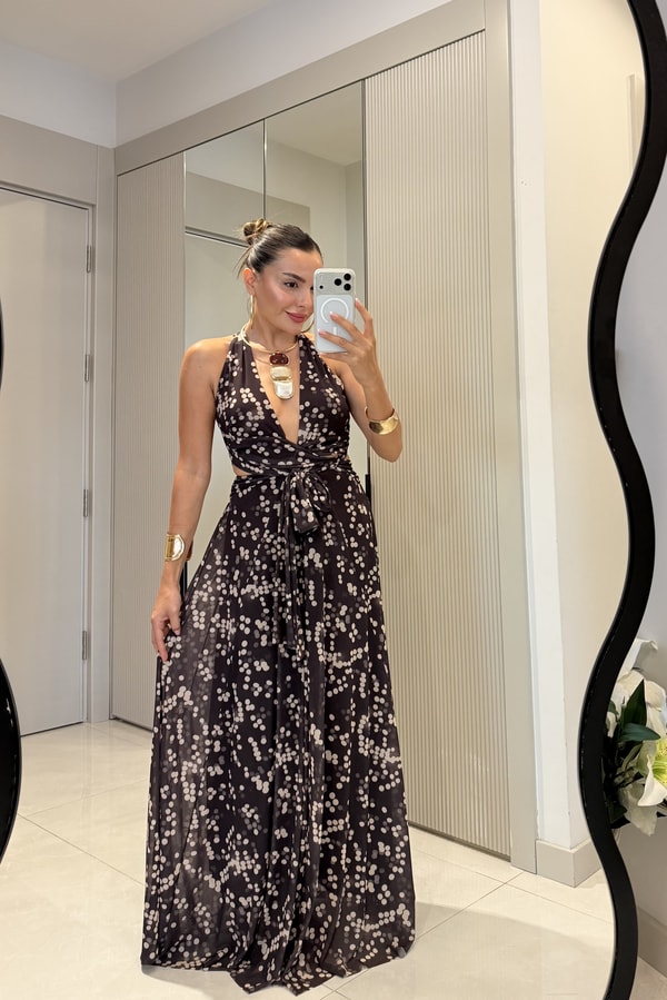 Florence Kahve Noktalı Desen Sırt Dekolteli Maxi Elbise