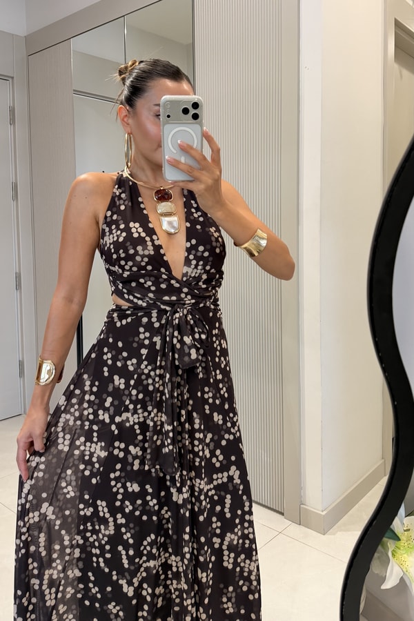 Florence Kahve Noktalı Desen Sırt Dekolteli Maxi Elbise