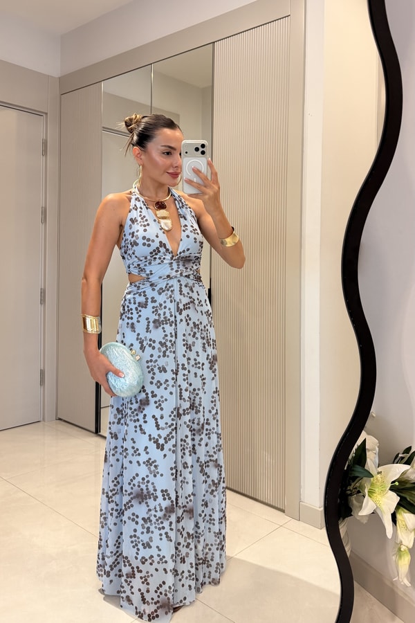 Florence Mavi Noktalı Desen Sırt Dekolteli Maxi Elbise