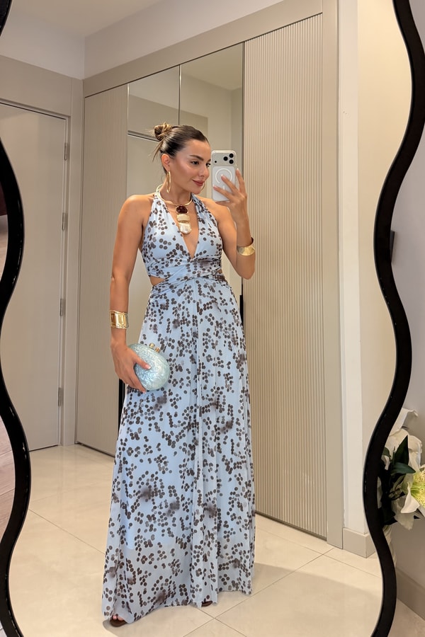 Florence Mavi Noktalı Desen Sırt Dekolteli Maxi Elbise
