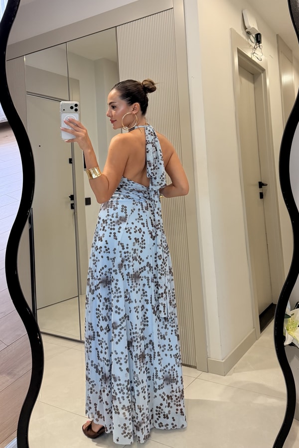 Florence Mavi Noktalı Desen Sırt Dekolteli Maxi Elbise