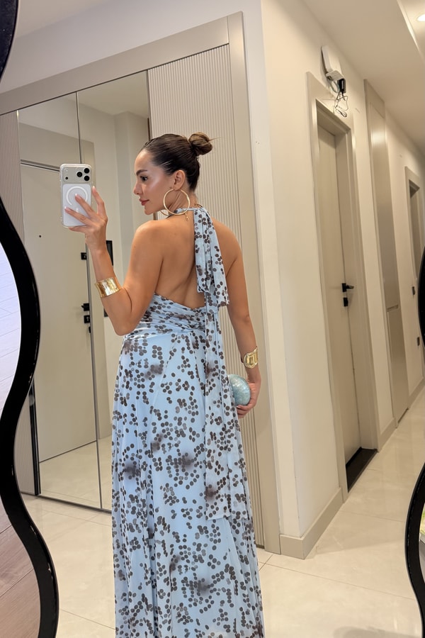 Florence Mavi Noktalı Desen Sırt Dekolteli Maxi Elbise