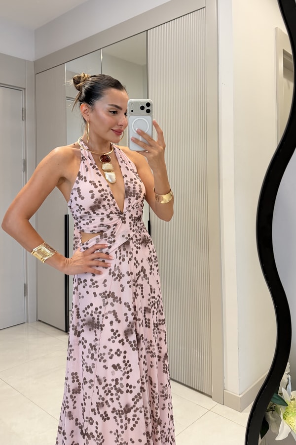 Florence Pembe Noktalı Desen Sırt Dekolteli Maxi Elbise