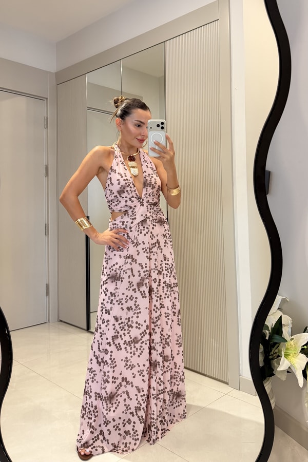 Florence Pembe Noktalı Desen Sırt Dekolteli Maxi Elbise