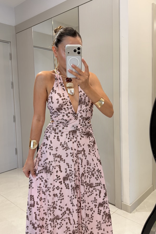 Florence Pembe Noktalı Desen Sırt Dekolteli Maxi Elbise