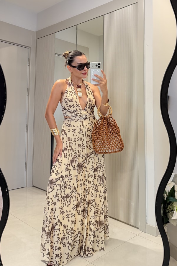 Florence Sarı Noktalı Desen Sırt Dekolteli Maxi Elbise