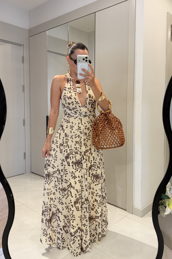 Florence Sarı Noktalı Desen Sırt Dekolteli Maxi Elbise