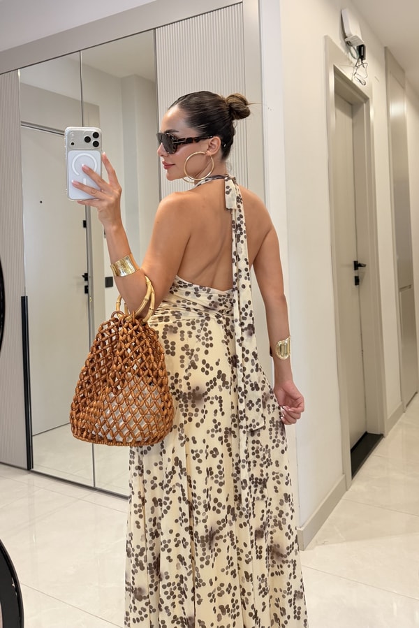 Florence Sarı Noktalı Desen Sırt Dekolteli Maxi Elbise