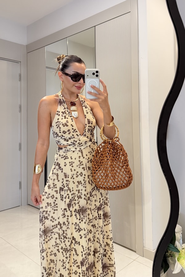 Florence Sarı Noktalı Desen Sırt Dekolteli Maxi Elbise