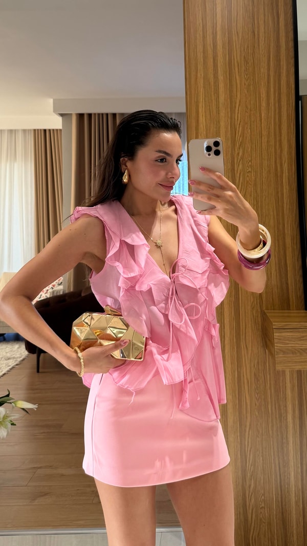 Fontane Pembe Kolsuz Fırfırlı Tensel Gömlek 