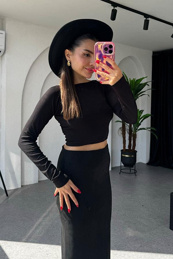 Foun Sırt Dekolteli Siyah Bluz