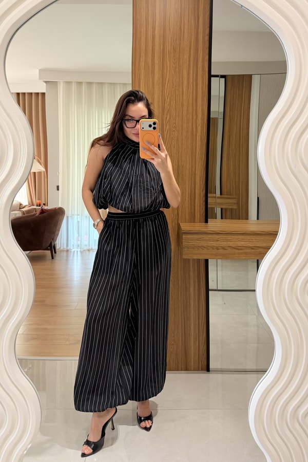 Frega Siyah Çizgili Balon Fit Pantolon 