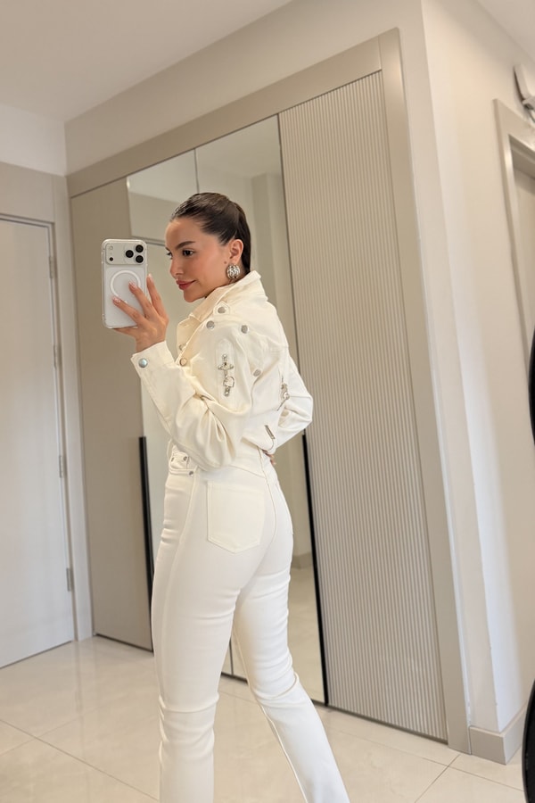 Frenk Krem Kelepçeli Denim Takım