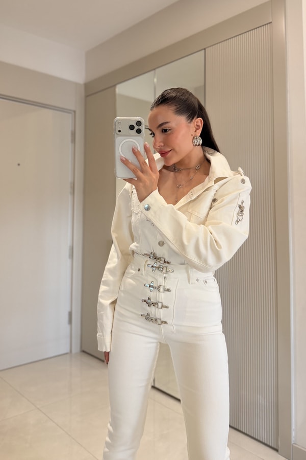 Frenk Krem Kelepçeli Denim Takım