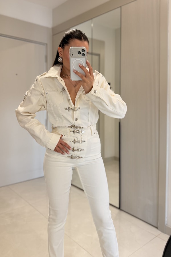Frenk Krem Kelepçeli Denim Takım