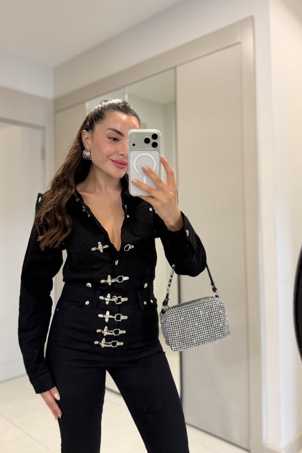 Frenk Siyah Kelepçeli Denim Takım