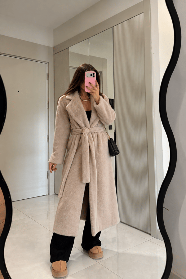 Frida Krem Peluş Kuşaklı Kaban