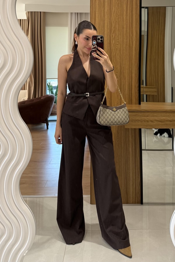 Front Kahve Yelekli Kemerli Çizgili Takım