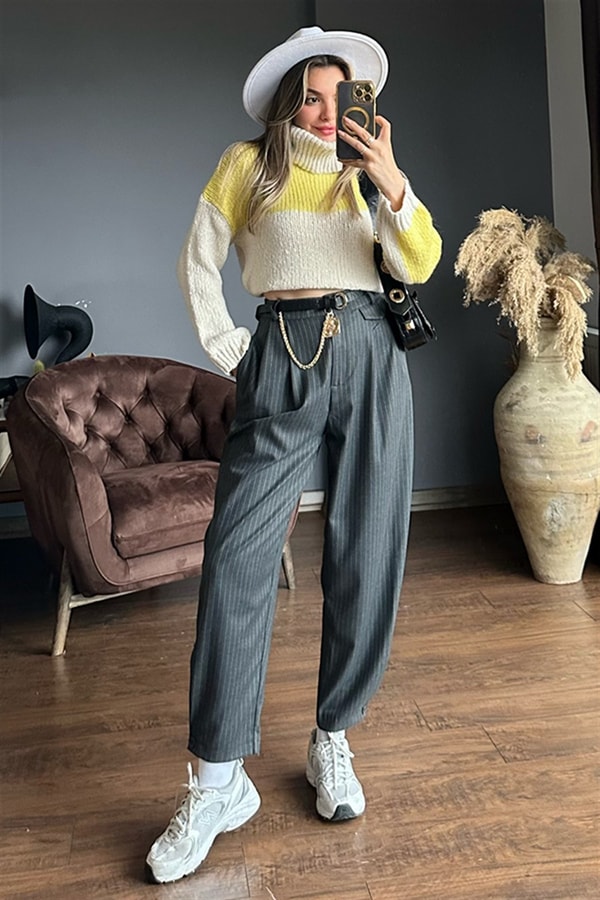 Füme çizgili slouchy pantolon