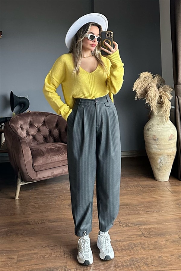 Füme çizgili slouchy pantolon
