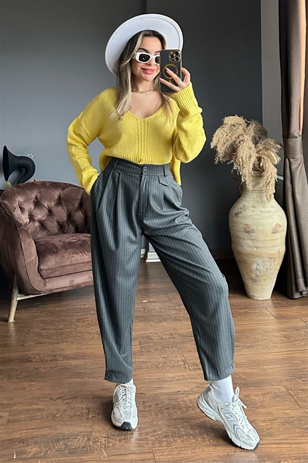 Füme çizgili slouchy pantolon