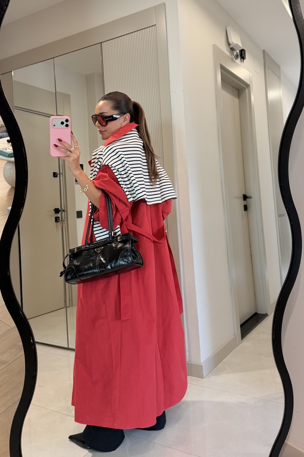 Funs Kırmızı Kuşaklı Premium Oversize Trenç