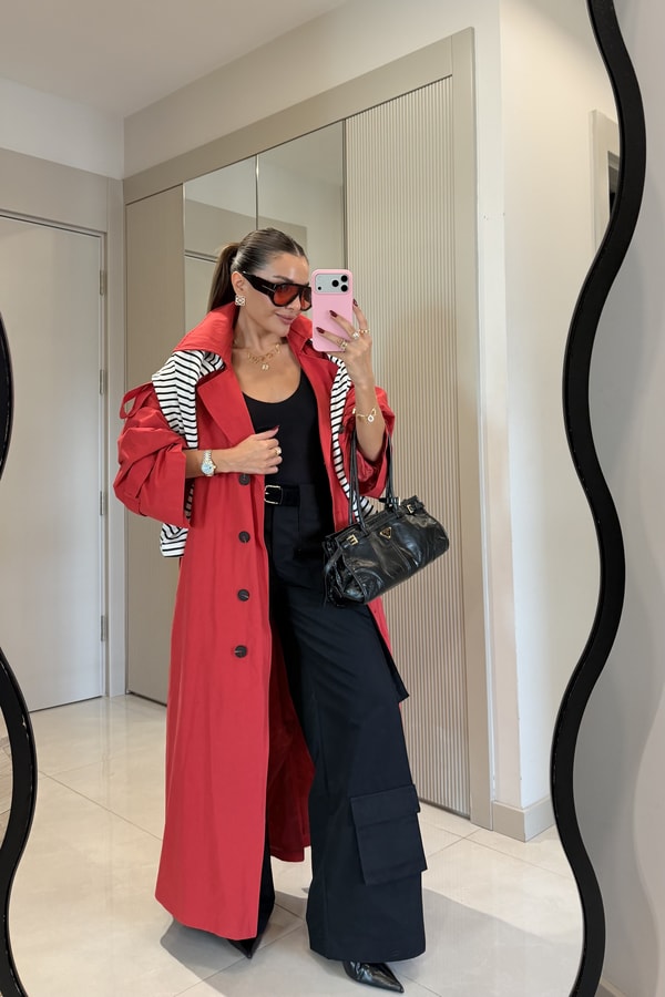Funs Kırmızı Kuşaklı Premium Oversize Trenç