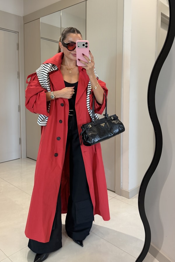 Funs Kırmızı Kuşaklı Premium Oversize Trenç