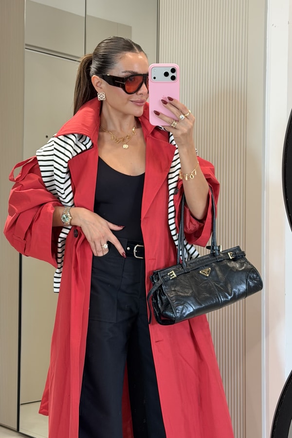 Funs Kırmızı Kuşaklı Premium Oversize Trenç