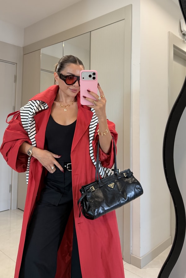 Funs Kırmızı Kuşaklı Premium Oversize Trenç