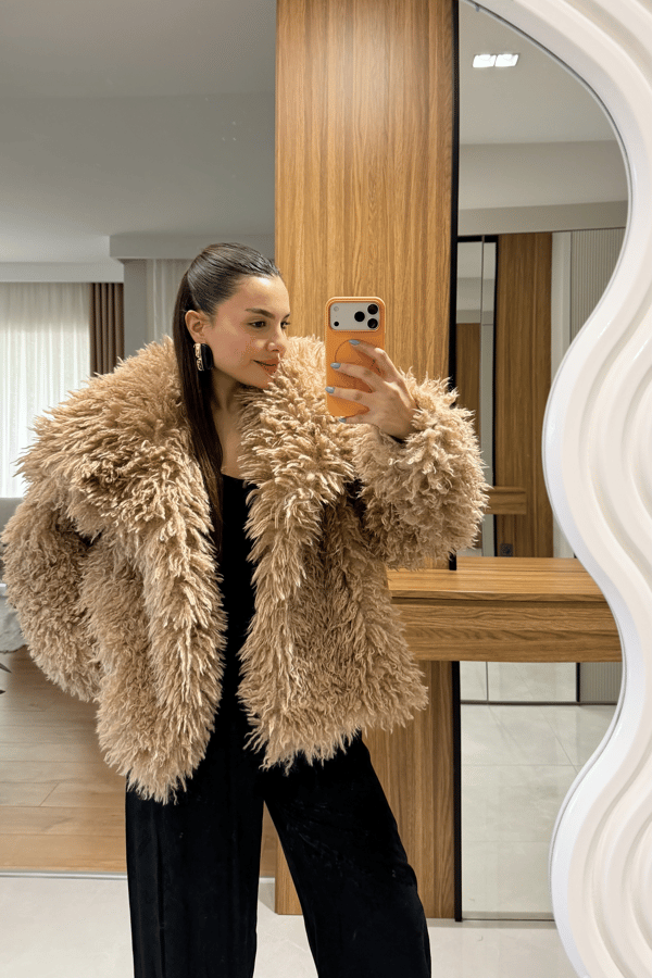 Gaia Camel Saçaklı Yakalı Kürk