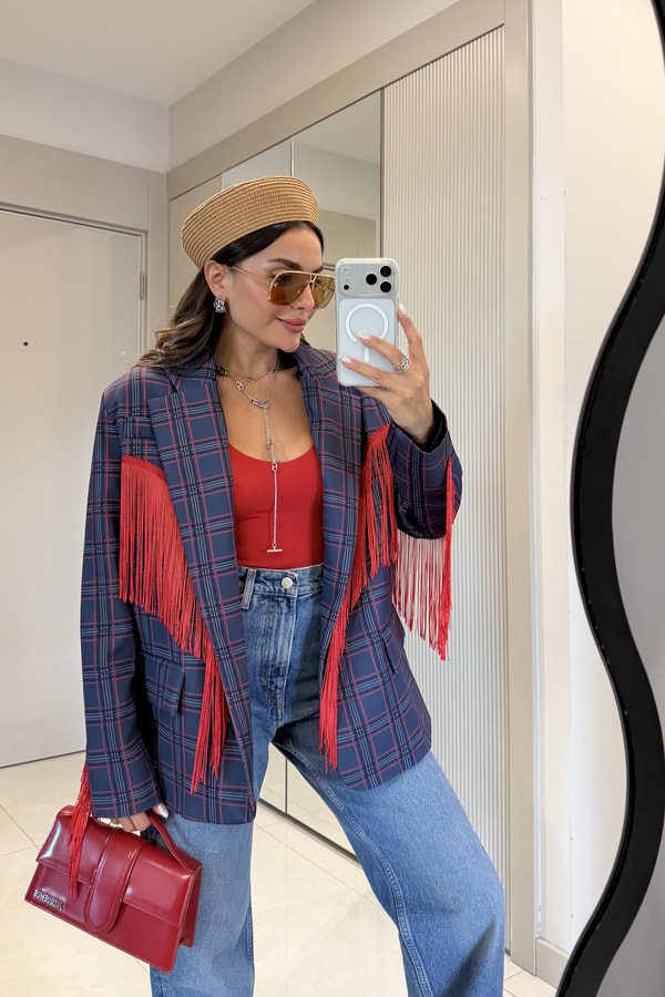 Genevia Ekose Desen Kırmızı Püskül Detaylı Blazer Ceket