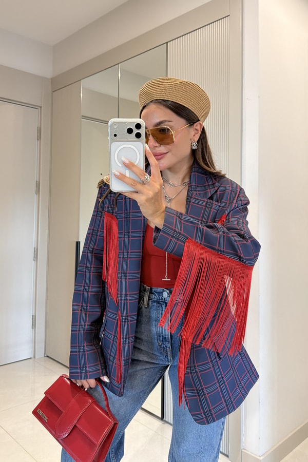 Genevia Ekose Desen Kırmızı Püskül Detaylı Blazer Ceket