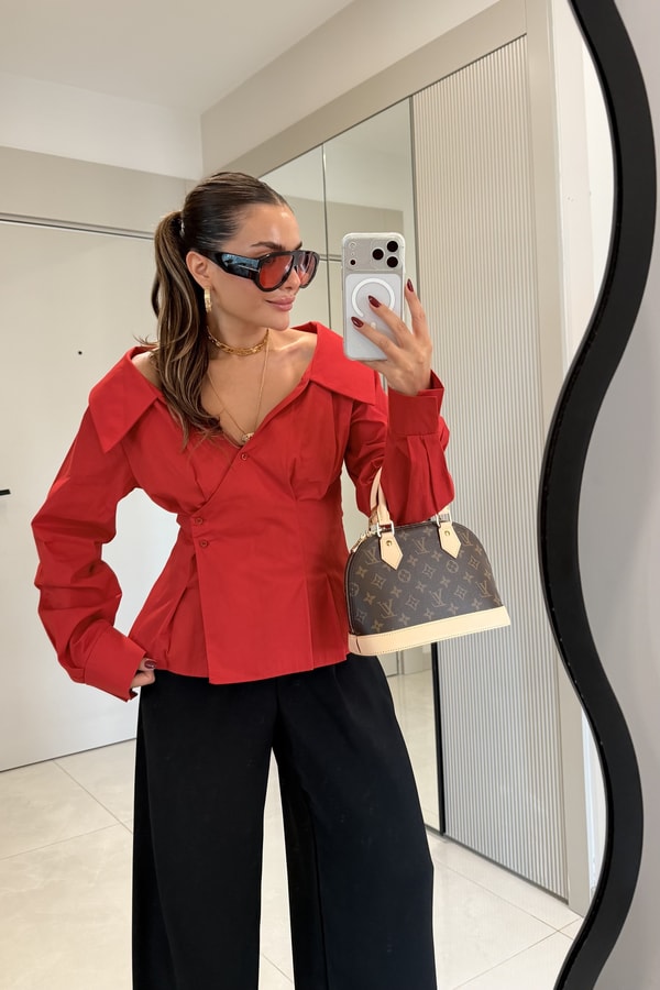 Gianna Kırmızı Belden Oturtmalı Madonna Gömlek