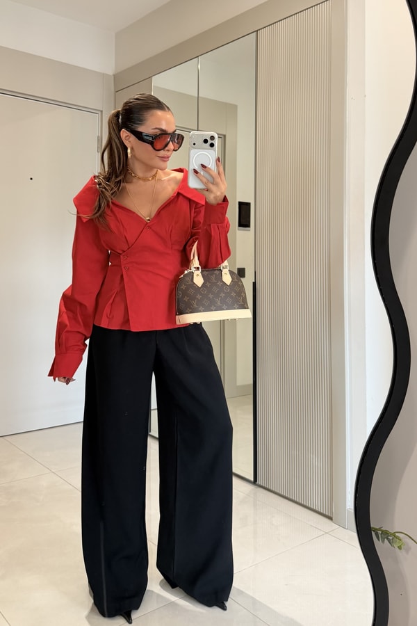 Gianna Kırmızı Belden Oturtmalı Madonna Gömlek